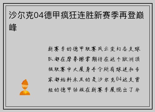 沙尔克04德甲疯狂连胜新赛季再登巅峰